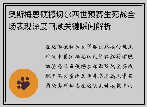 奥斯梅恩硬撼切尔西世预赛生死战全场表现深度回顾关键瞬间解析