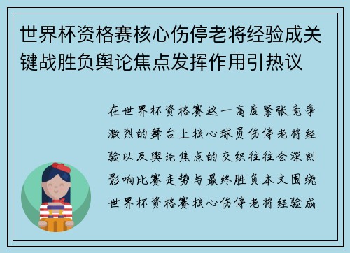 世界杯资格赛核心伤停老将经验成关键战胜负舆论焦点发挥作用引热议